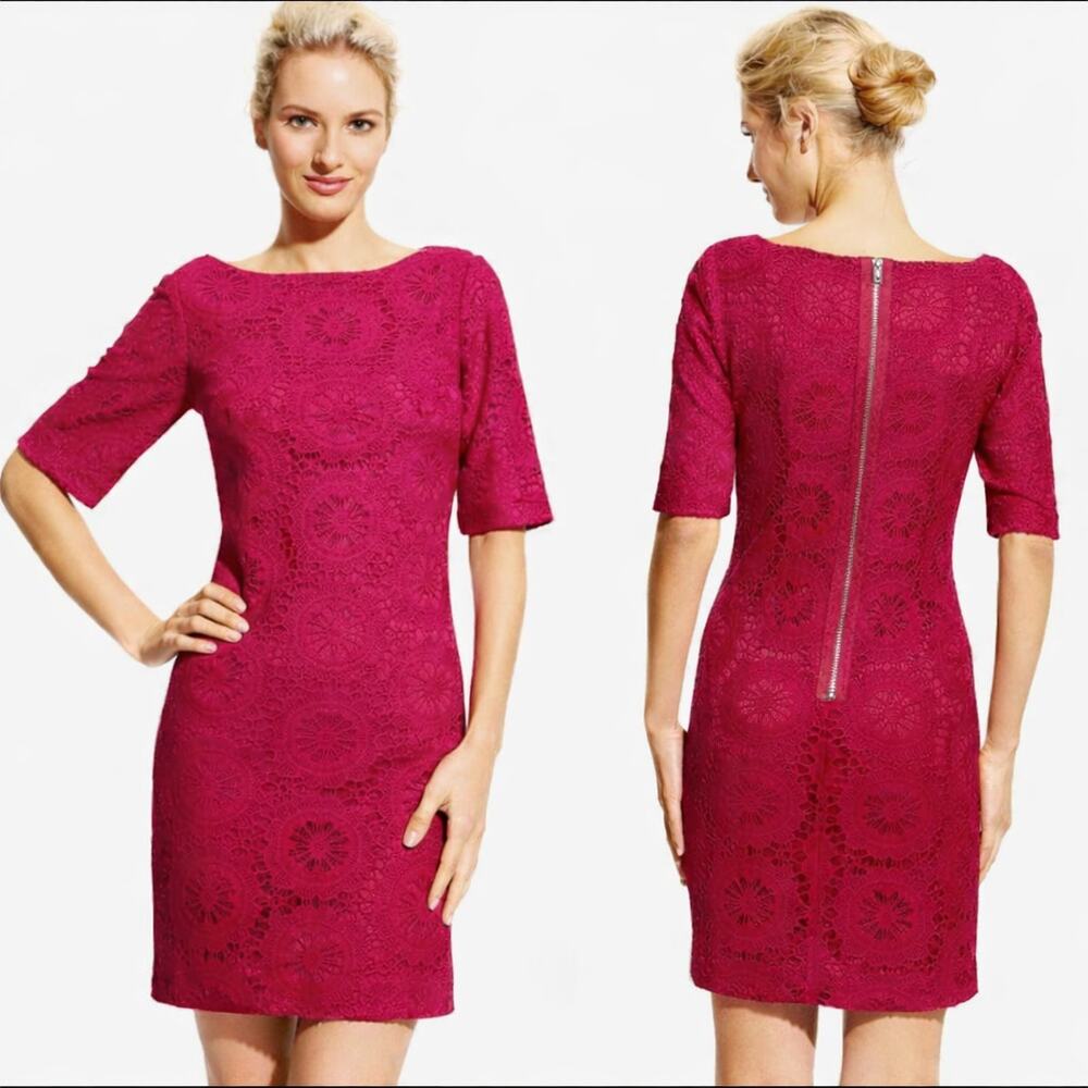 NEW Adrianna Papell Womens Shift Dress 10 Berry Pink Crochet Cocktail Elegant